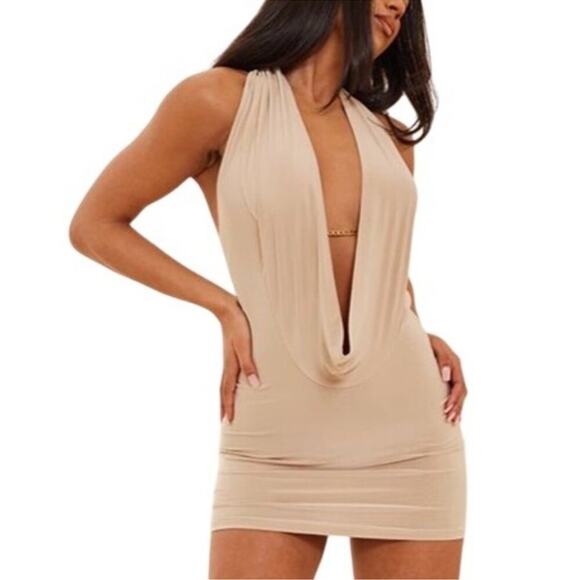 PrettyLittleThing Stone Slinky Cowl Chain Halter Bodycon Dress Size 2 US NWT - Picture 1 of 12